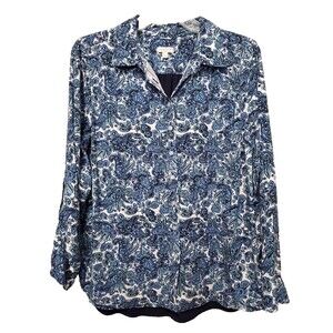 Talbots Petites Blue Paisley Mixed Media Long Sleeve Button-Up Shirt Size MP